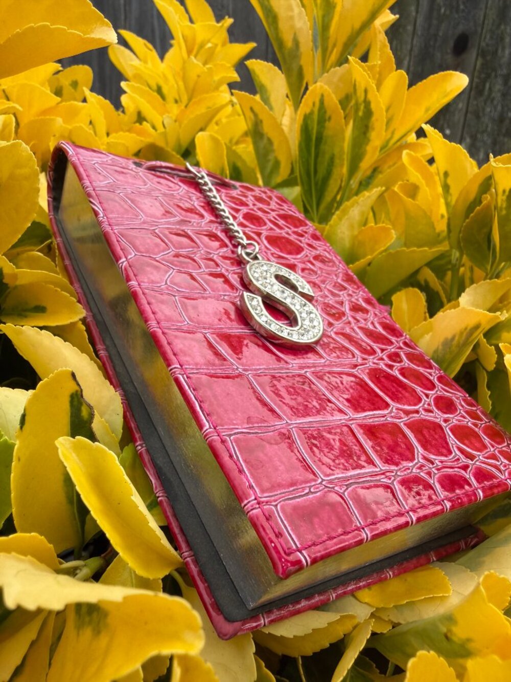 NotePad Rhinestone Stud Monogrammed S Faux Raspberry Leather SilverFoiled Edges - Picture 2 of 4